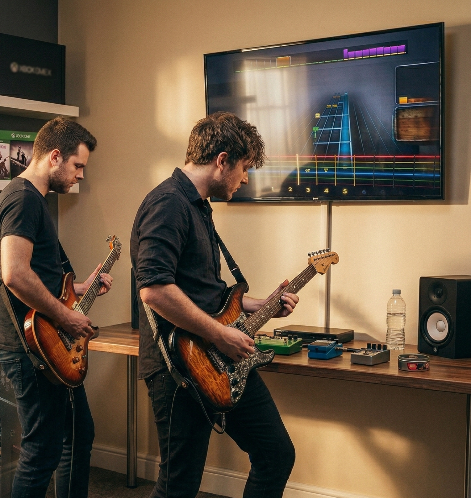Men playing guitars indoors